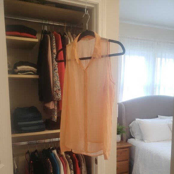 F21 Peach Light Coral Pastel Sheer Chiffon Off Shoulder Button Up Top Blouse L - Picture 3 of 13